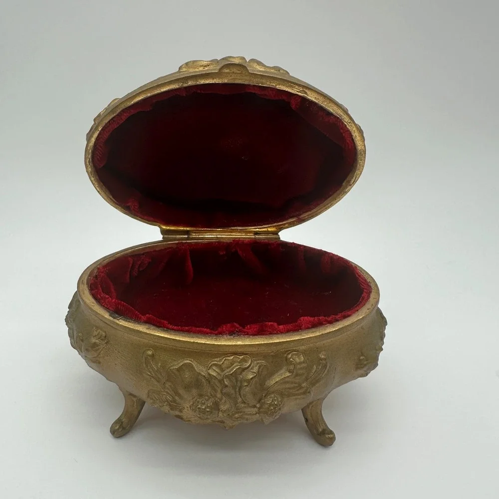 ANTQ Art Nouveau Jewelry Casket Footed Spelter Pot Metal Box Rose Relief Lined
